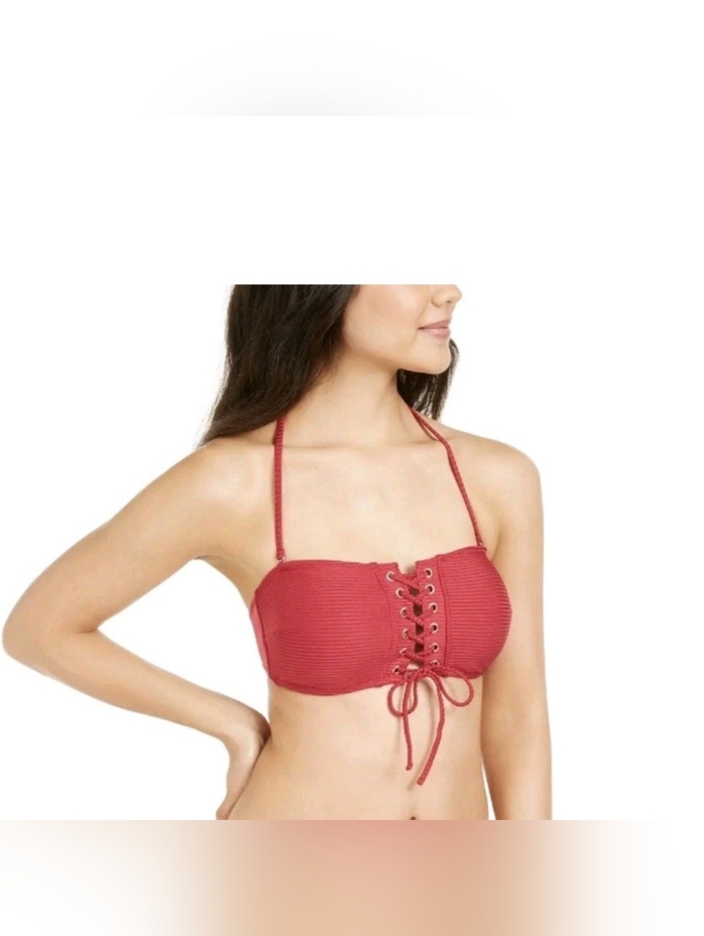 Hula Honey Bandeau Bikini Top M Burgundy Lace Up Ribbed NWT.
